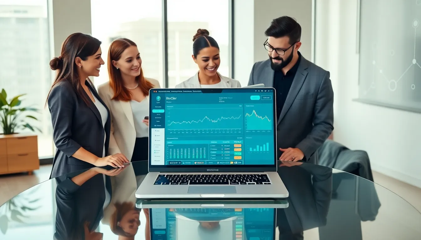 diverse professionals discussing cryptocurrency platform in a modern office.