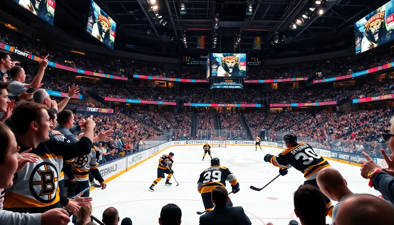 Fans cheering at an NHL game in a vibrant hockey arena.