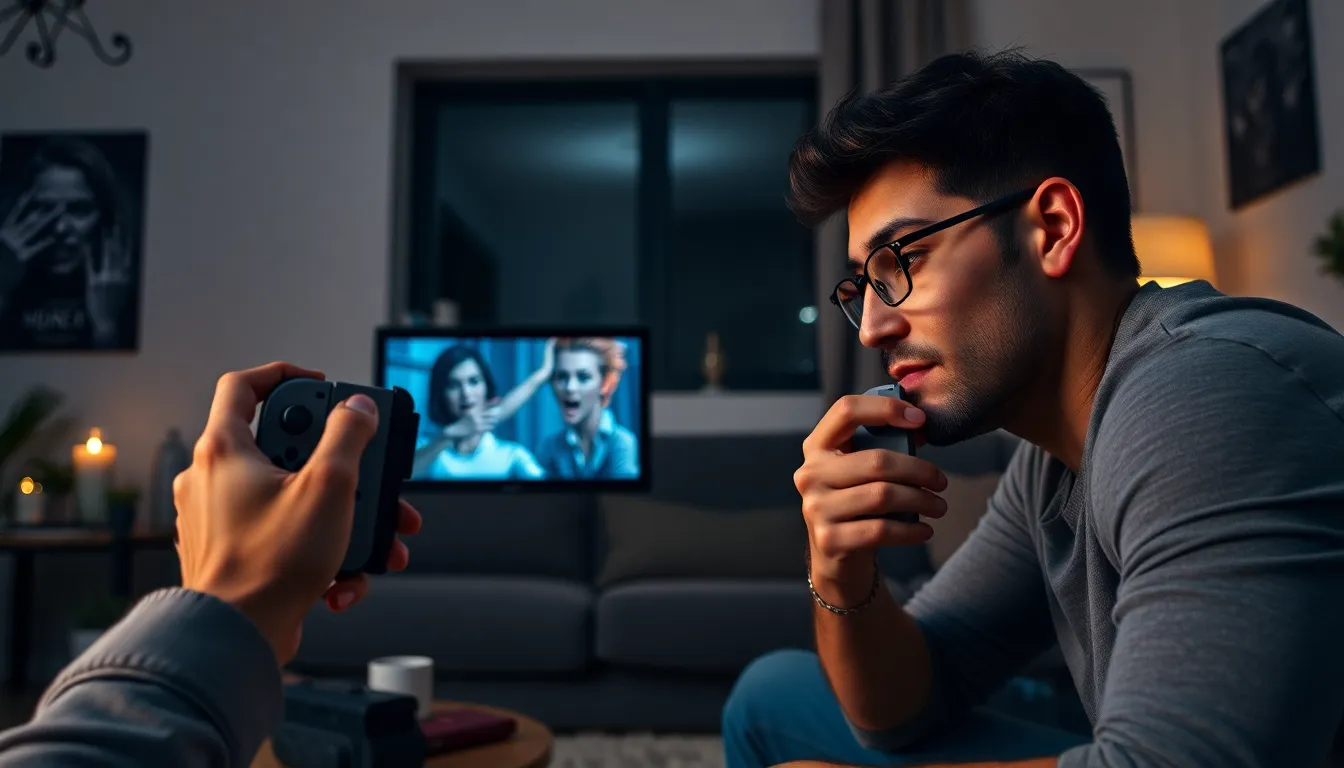 individual playing a horror game on a Nintendo Switch in a dimly lit room.
