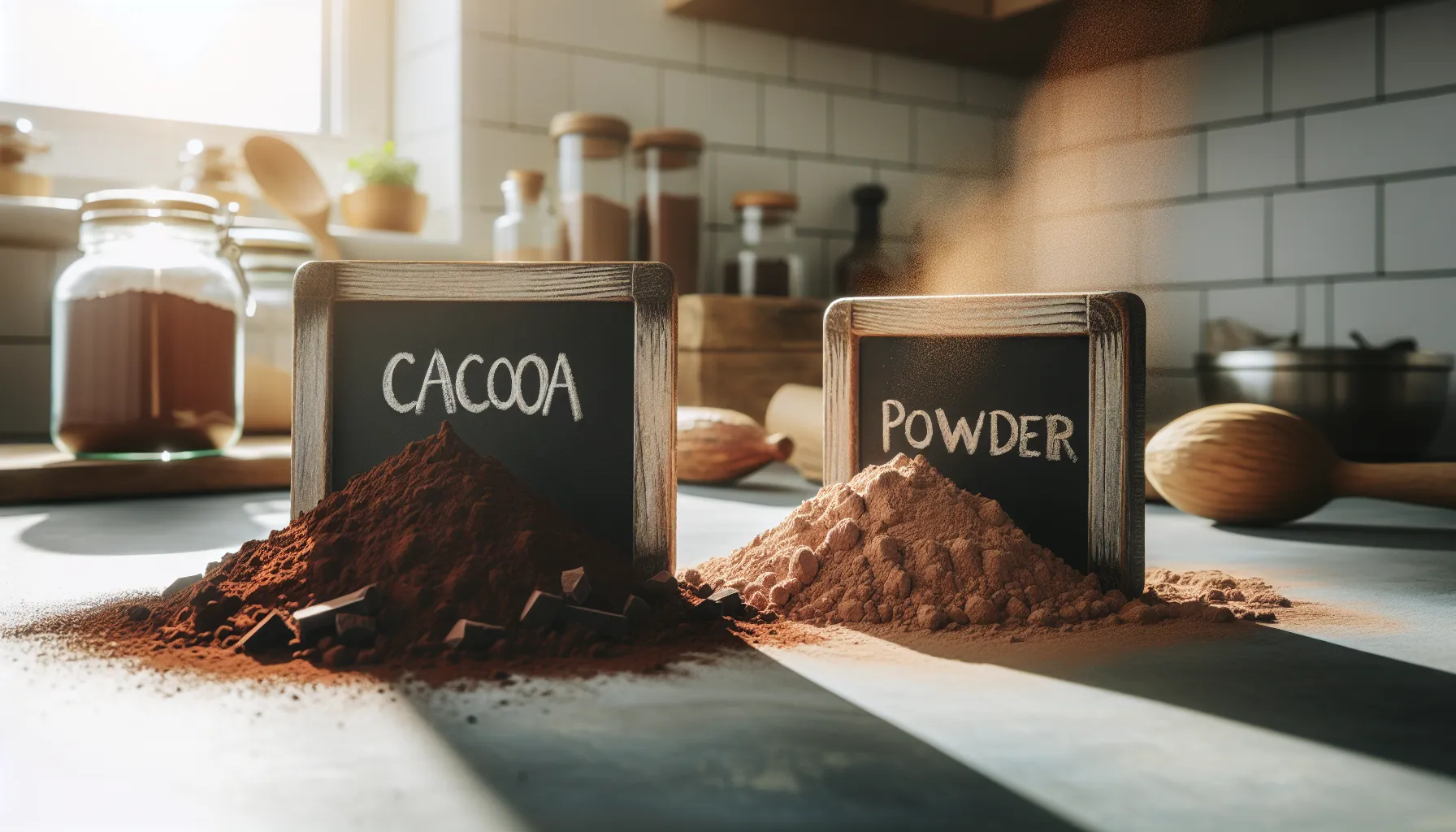 Two piles of cacao and cocoa powder on a kitchen counter with labels.