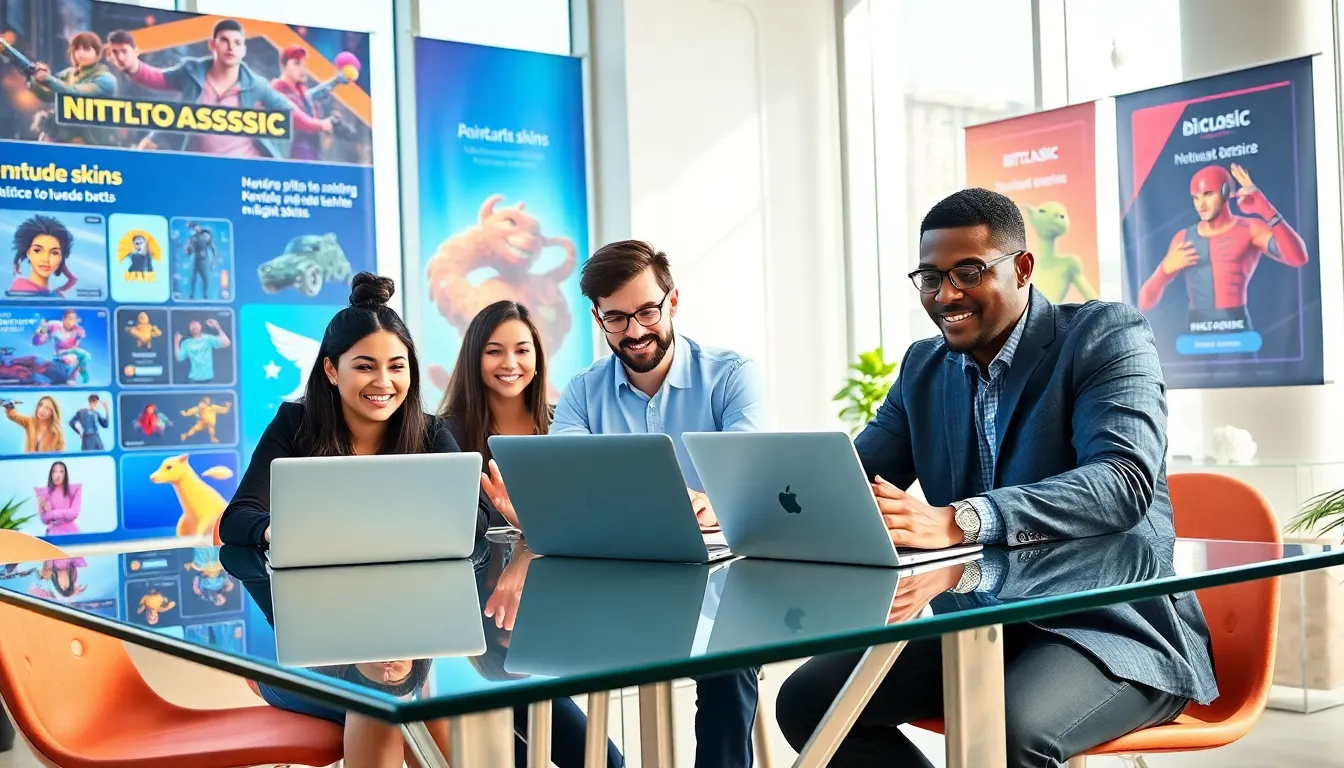 diverse professionals collaborating in a vibrant digital marketplace.