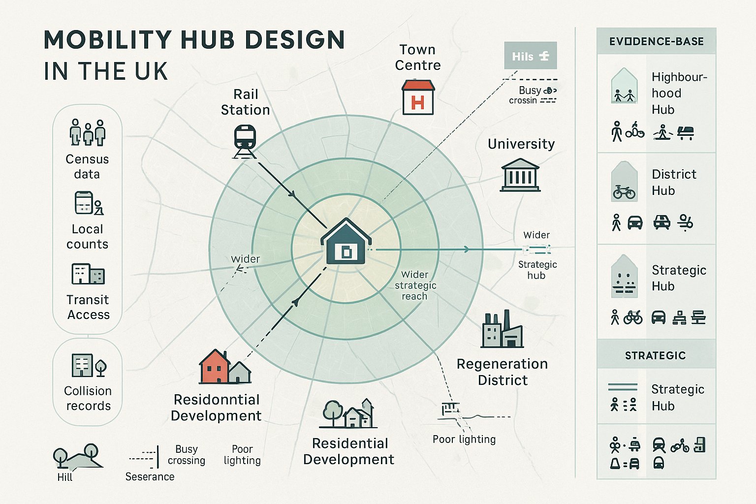 Infographic of mobility hub location, catchment, movement patterns, and hub types.
