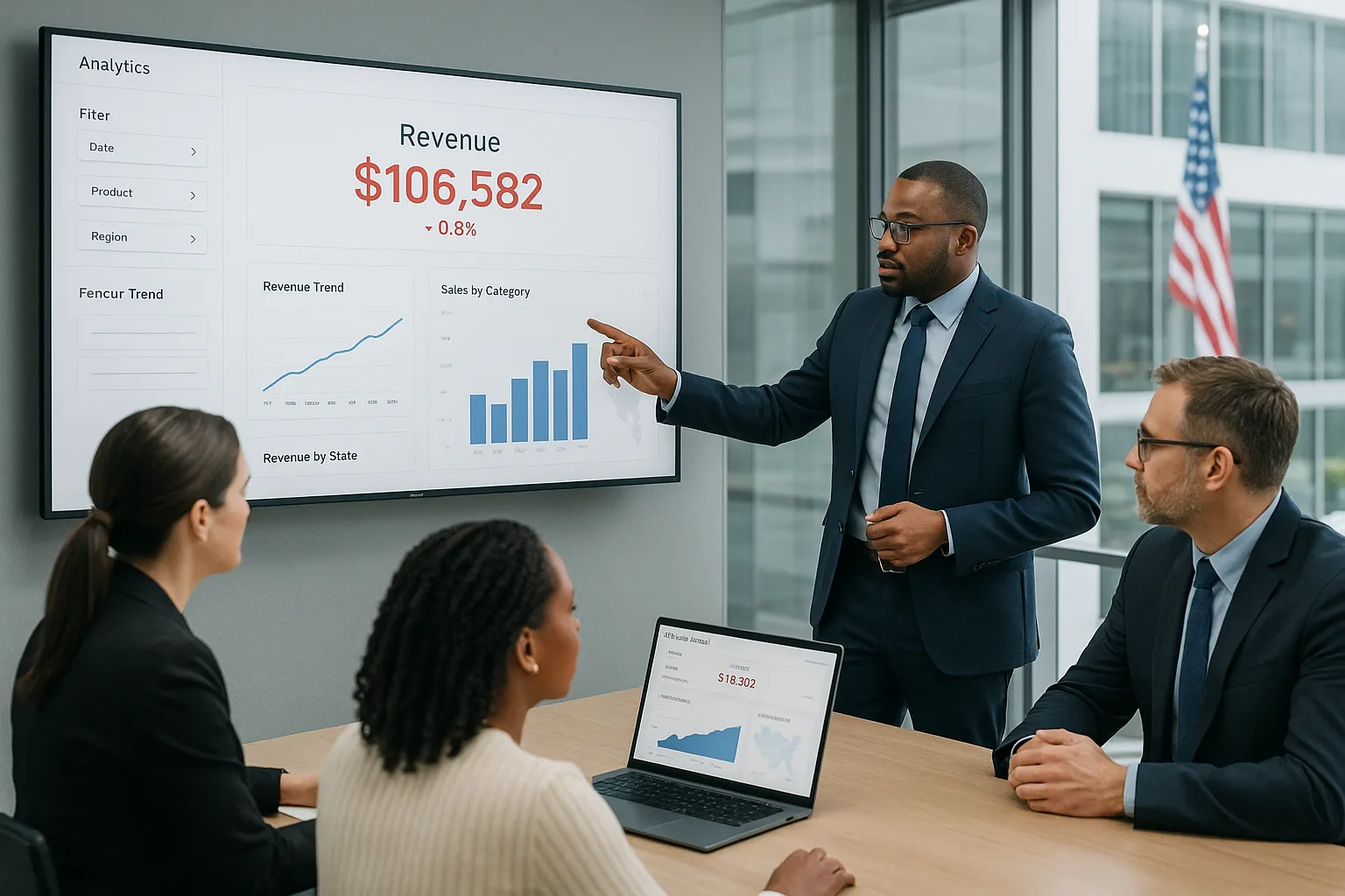 Professionals reviewing a clear interactive dashboard in a modern office.