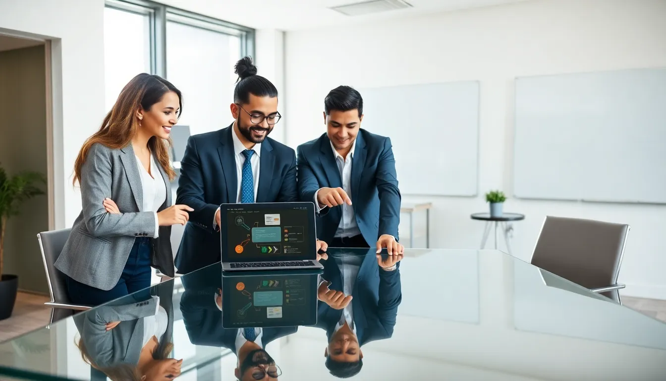 diverse team collaborating around Racel1112 technology in a modern office.