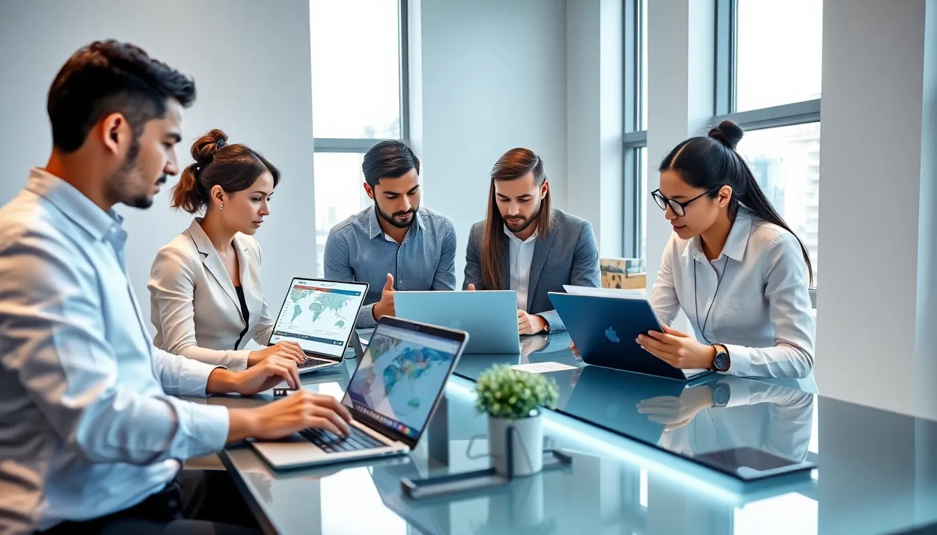 professionals collaborating over archived news articles in a modern office.