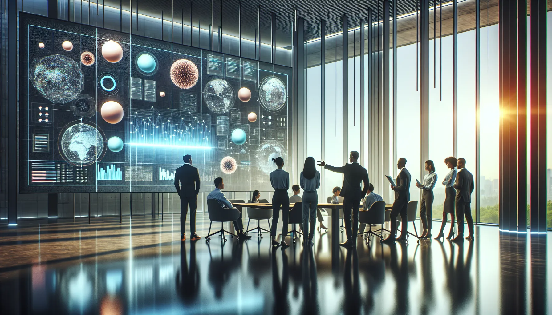 diverse team collaborating around a digital screen in a modern office.