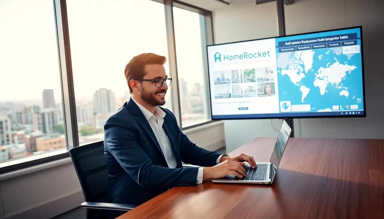 a realty manager working in a modern office, focused on a laptop.