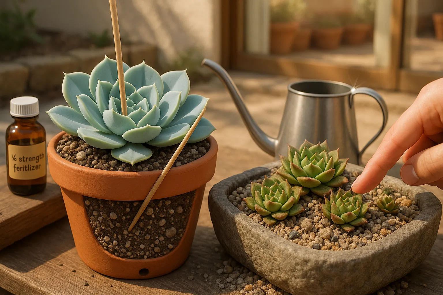 Echeveria and Sempervivum in gritty pots with skewer and watering can.