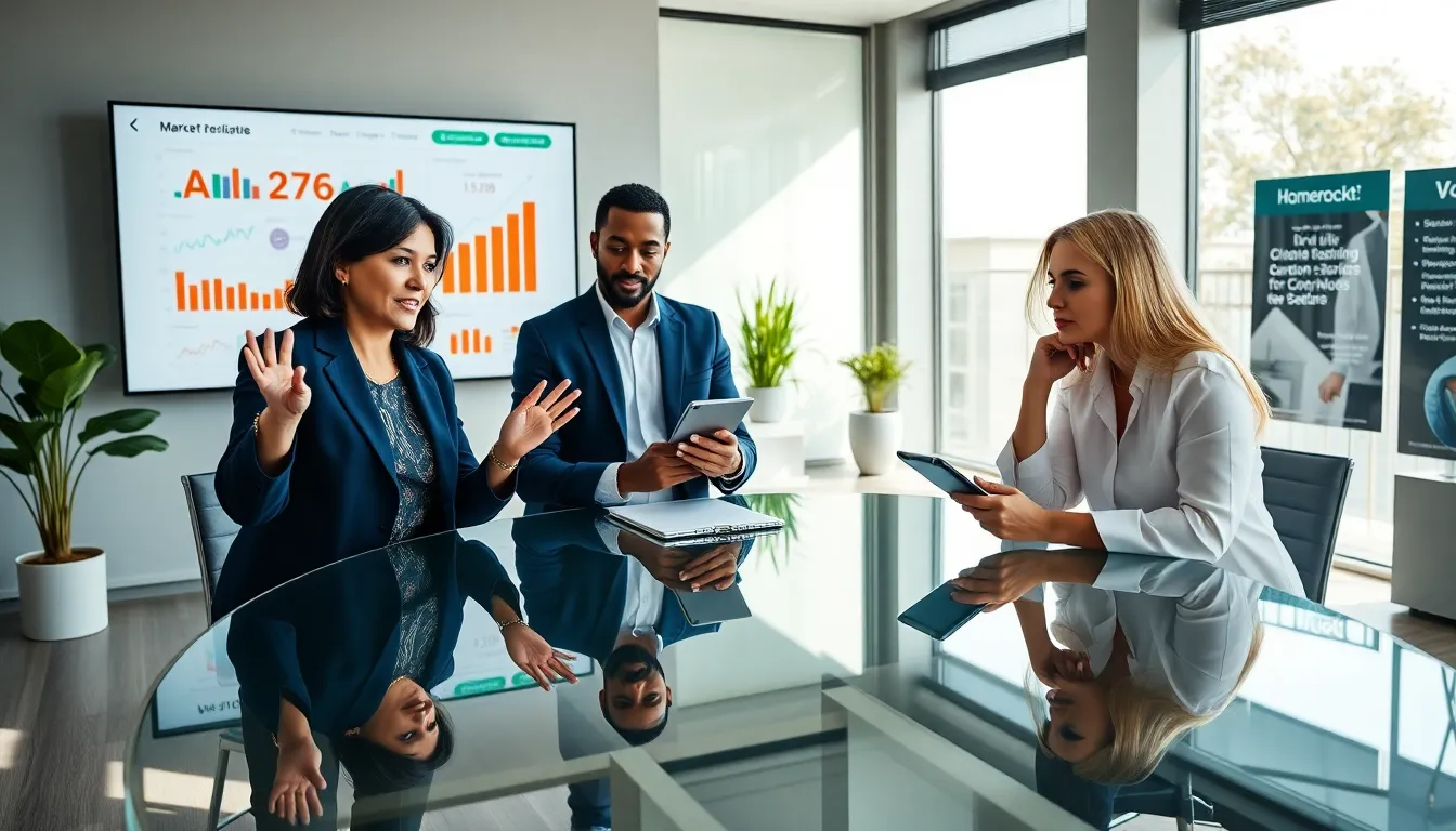 three professionals collaborating in a modern office on real estate technology.