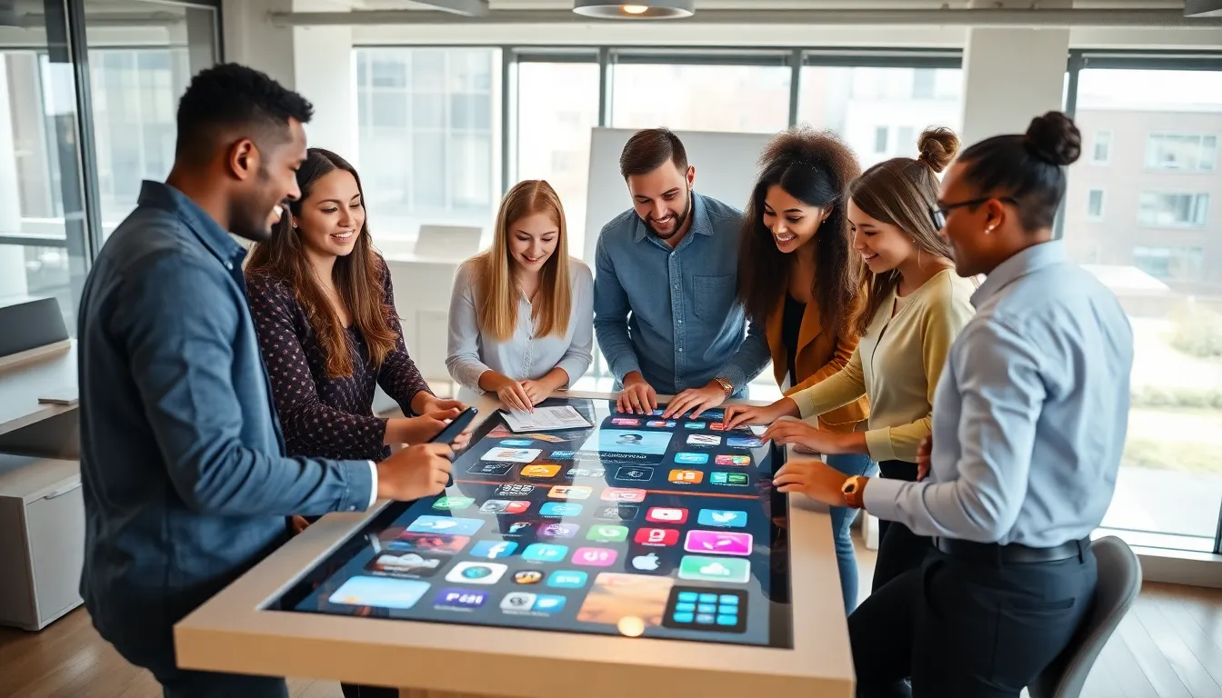 diverse team collaborating over mobile content in a modern office.