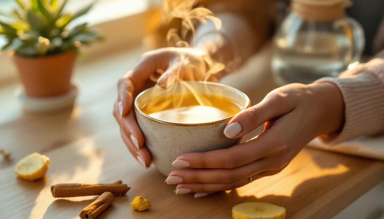 Hands holding a steaming cup of warm spiced water on a sunlit kitchen counter.