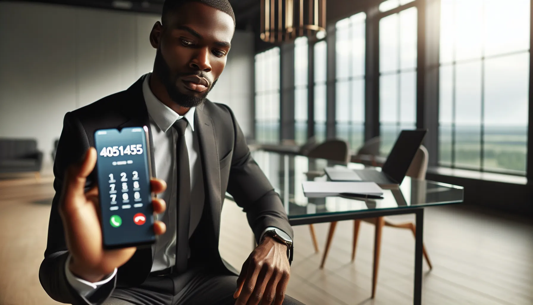 Professional examining an unknown number on a smartphone in an office.