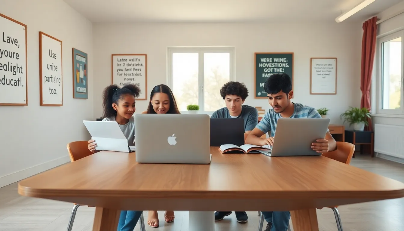 diverse students collaborating on homework in a modern study space.