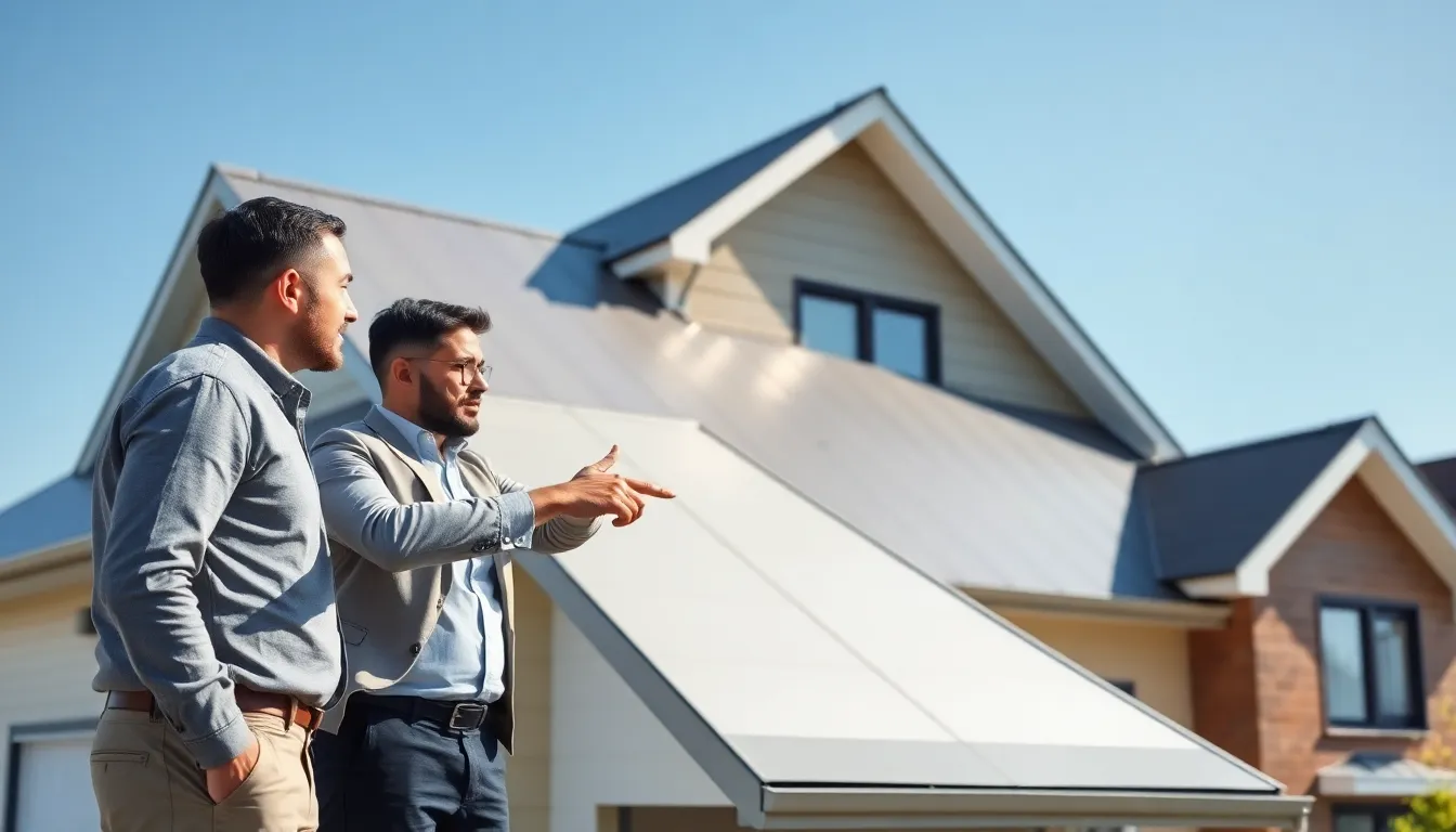 residential home with vinyl roofing and professionals discussing it.