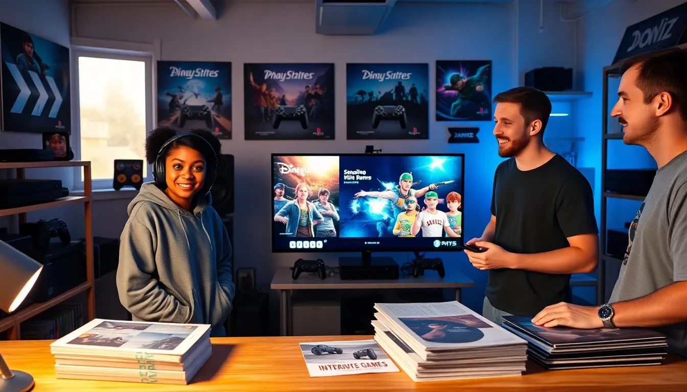 a diverse group of gamers discussing at a vibrant gaming studio.