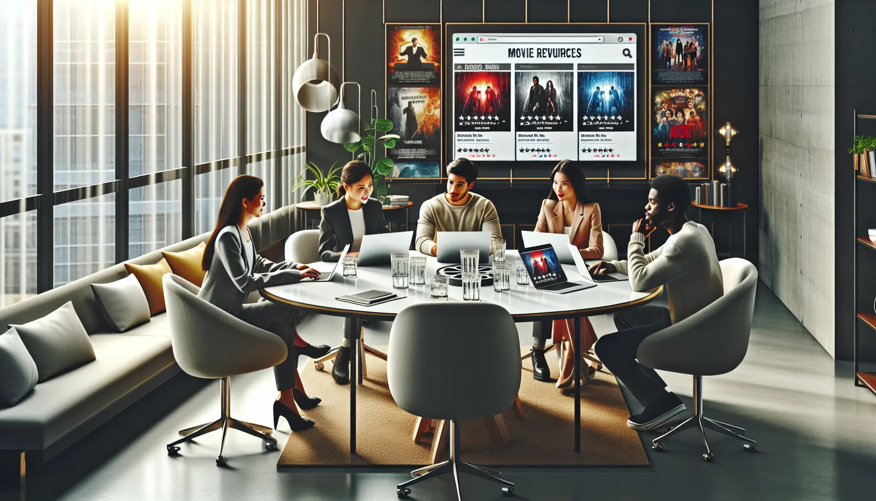 diverse team discussing film resources at a modern workspace.