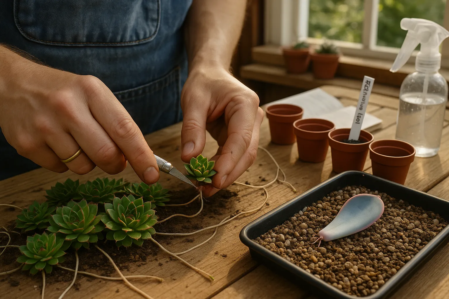Hands separating Sempervivum offset while Echeveria leaf roots on gritty mix.