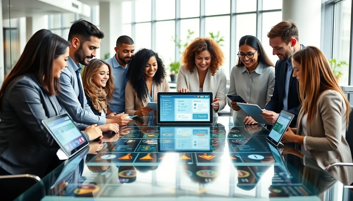 team engaging with gamification tools in a bright modern office.