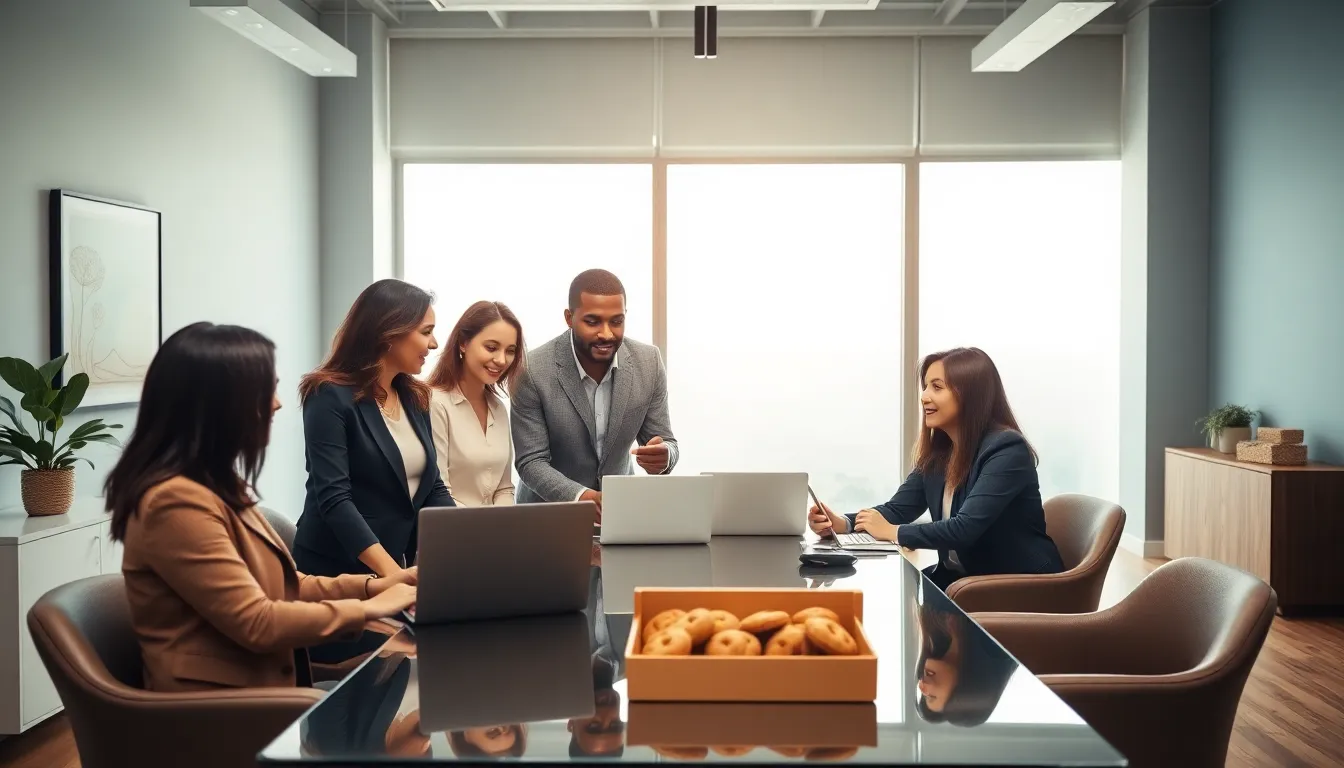 diverse team discussing contact options in a modern office.
