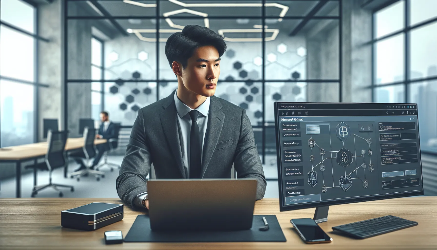 Professional configuring withdrawal whitelist settings on laptop with hardware wallet on desk.