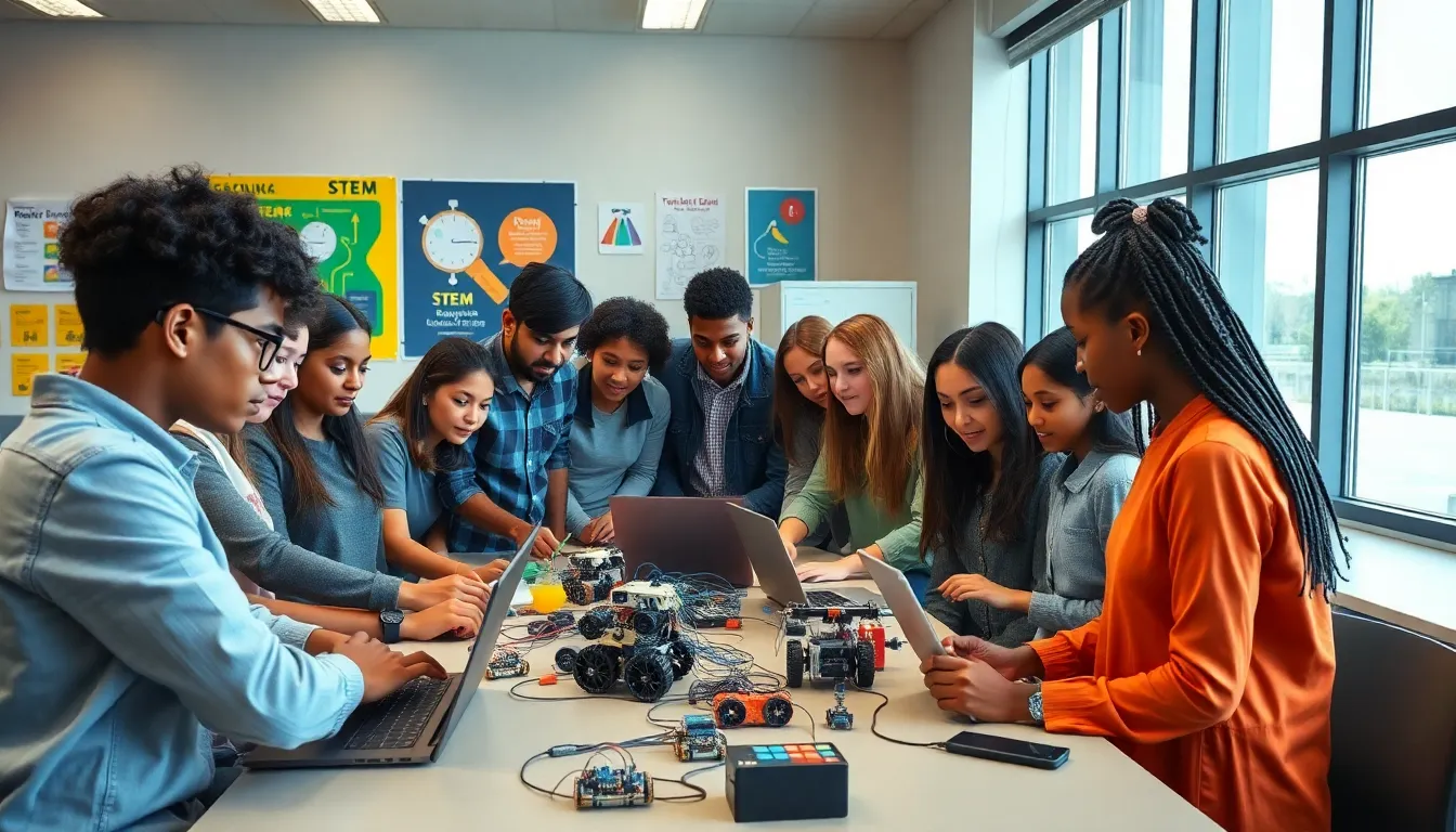diverse students collaborating on a robotics project in a modern classroom.
