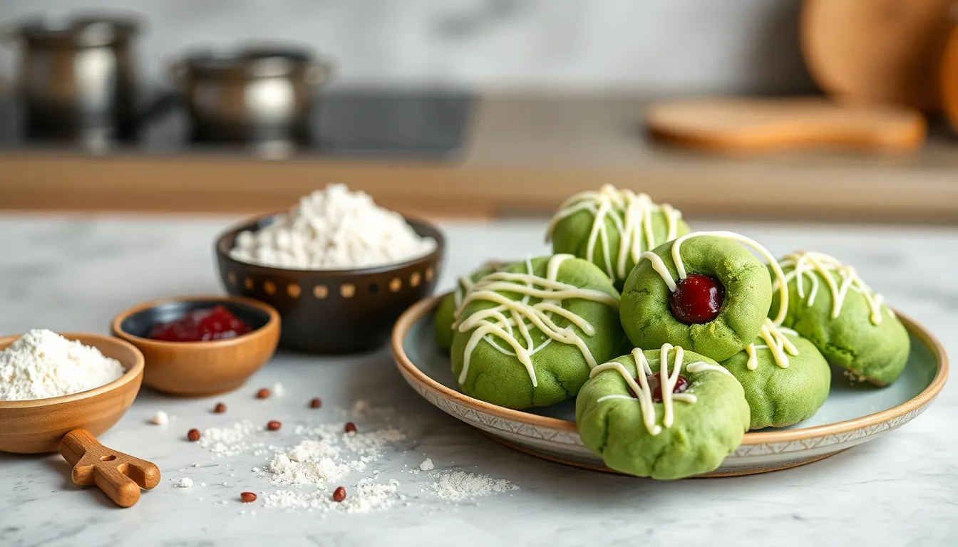 plate of green mochi delight cookies with ingredients.