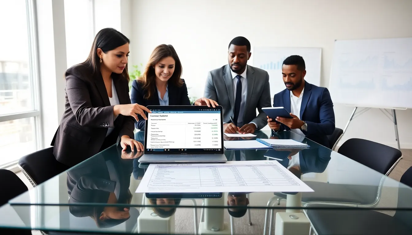 diverse team analyzing rental property income statement in an office.