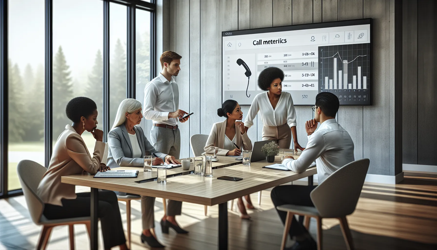 professionals discussing customer service call issues in a modern office.