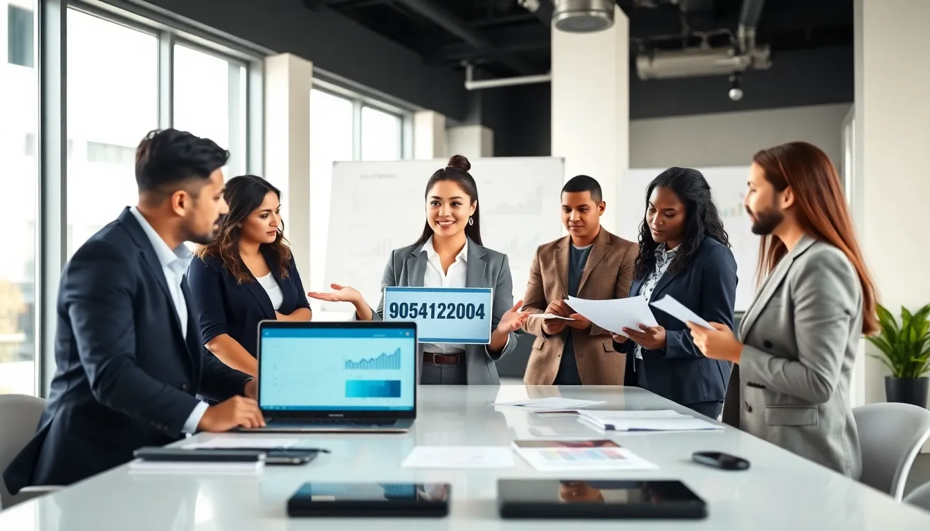 team discussing data analysis in a modern office setting.