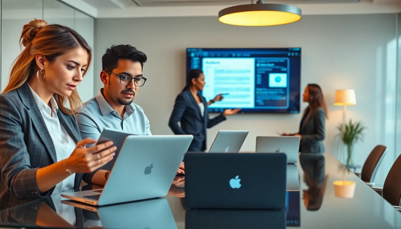 diverse legal team collaborating with modern technology in an office.