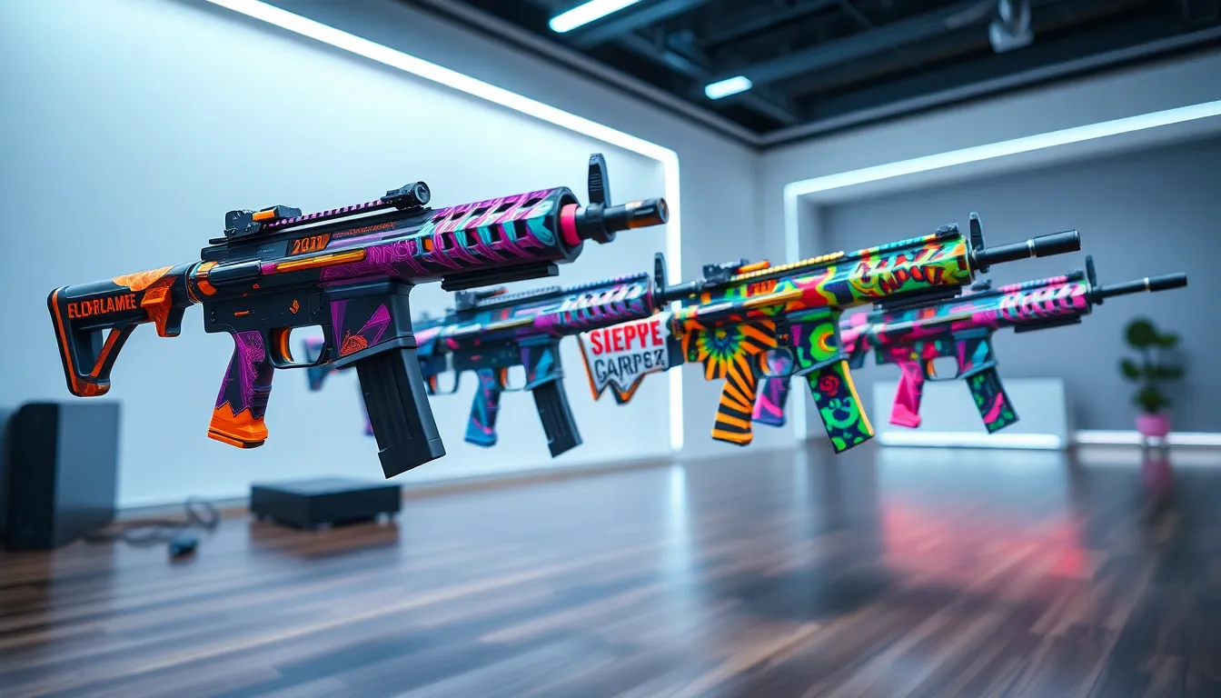 showcased Valorant skins on modern weapon models in a gaming studio.