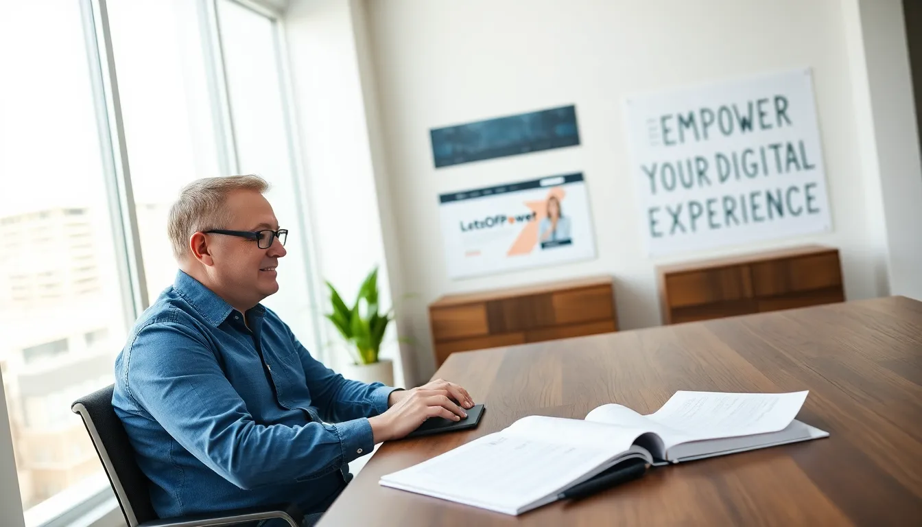 A man using a laptop in a modern office, exploring LotsOfPower.net.