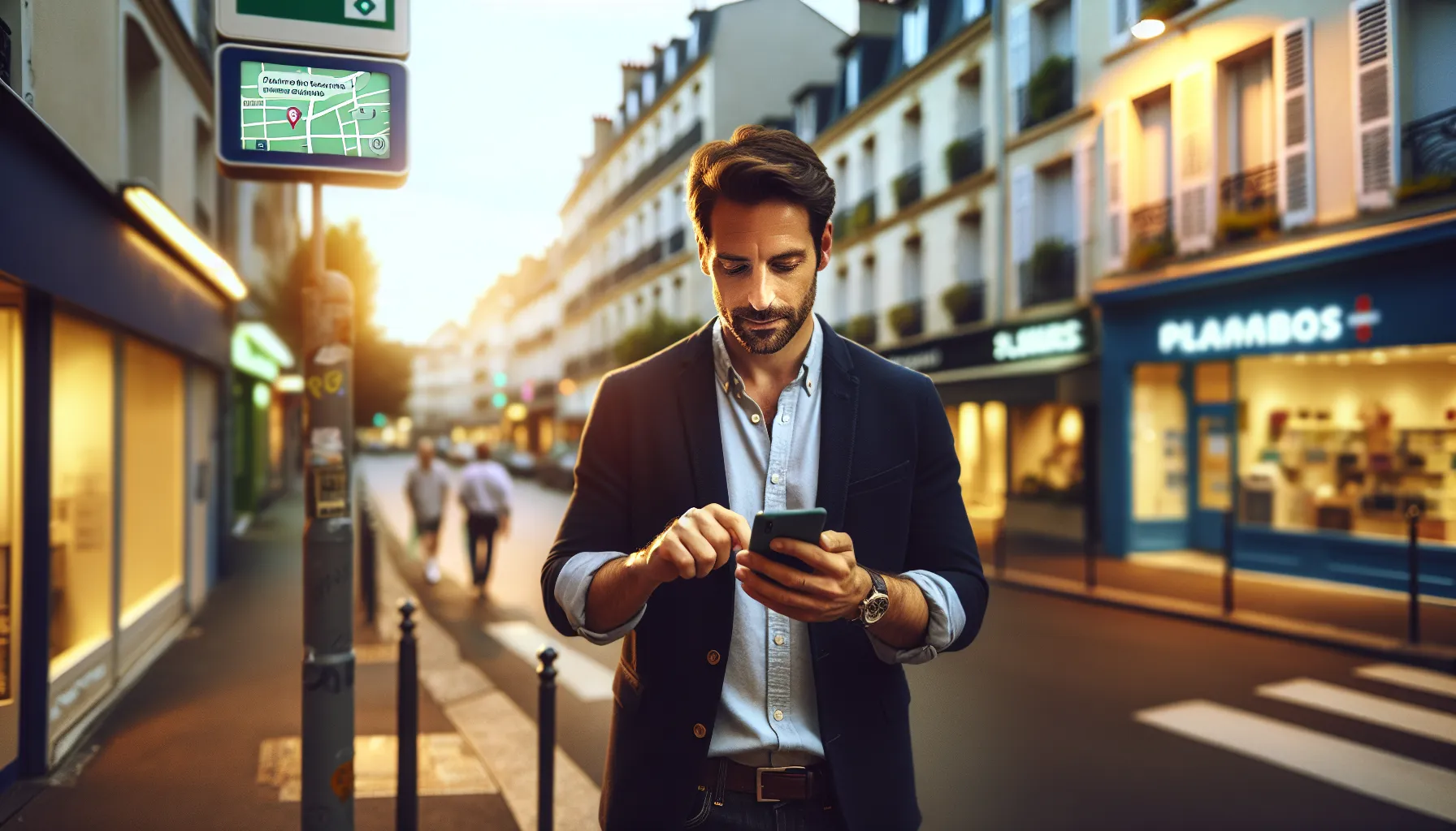 Business owner in Champs-sur-Marne checking top local Google search results on phone.