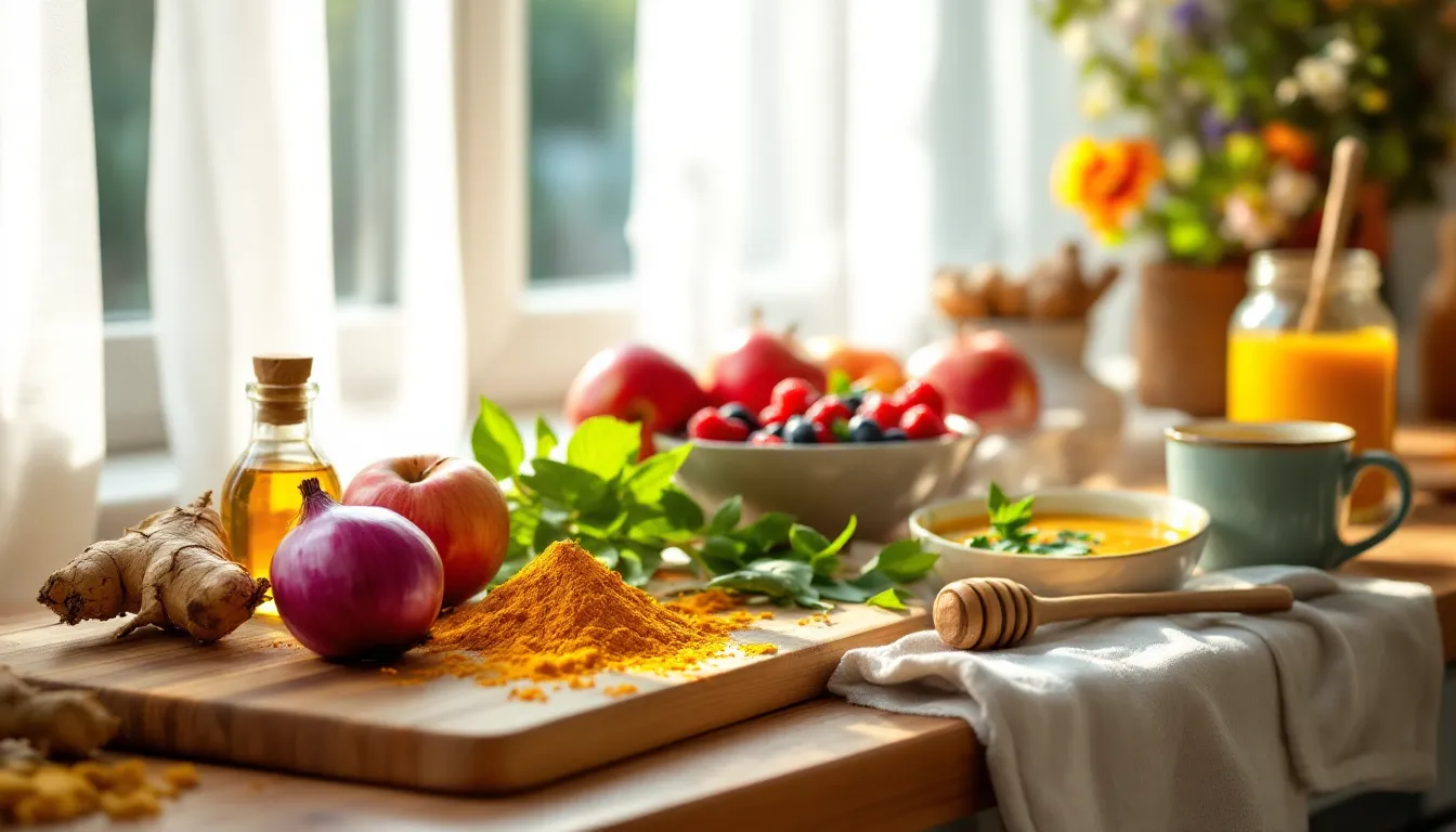 Natural allergy remedies including turmeric, honey, herbs, and warm soup on a kitchen counter.