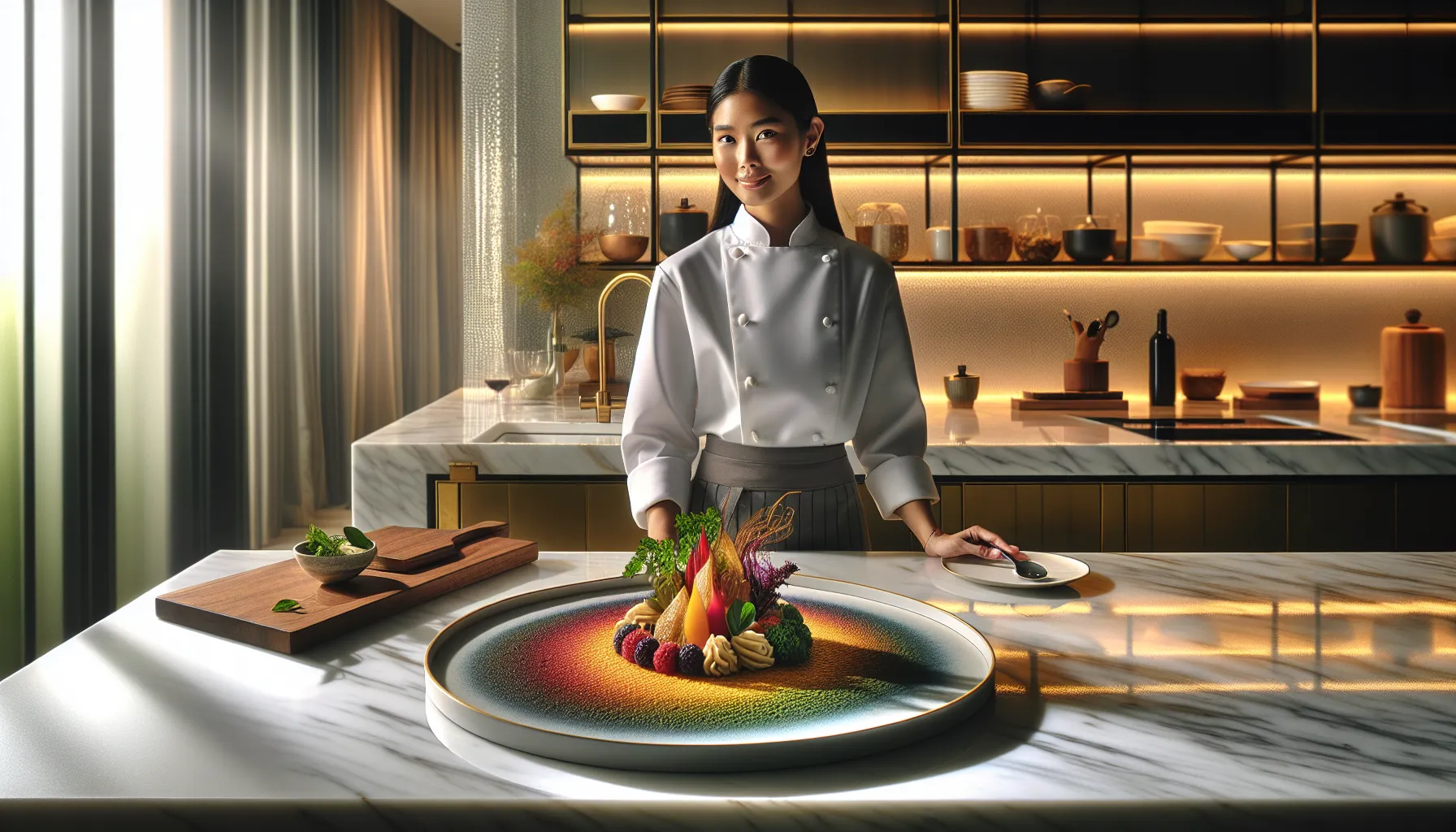 plated Tudiocaq dish in a bright, modern kitchen.