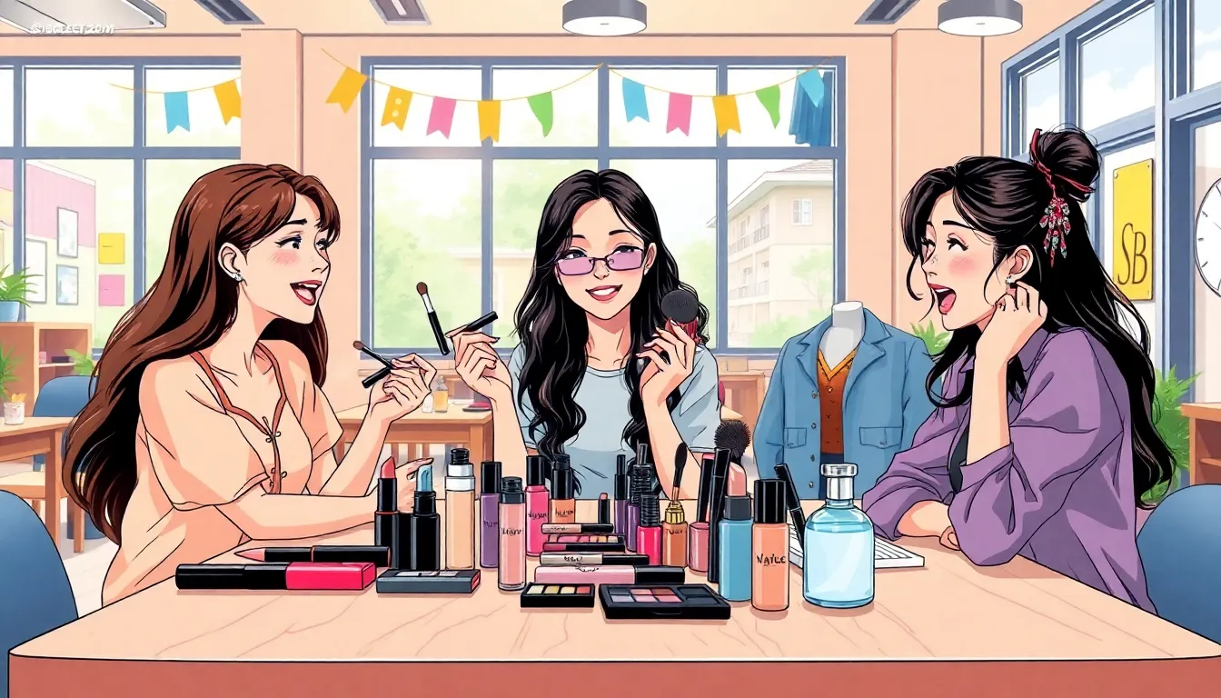diverse young women discussing makeup in a lively school setting.
