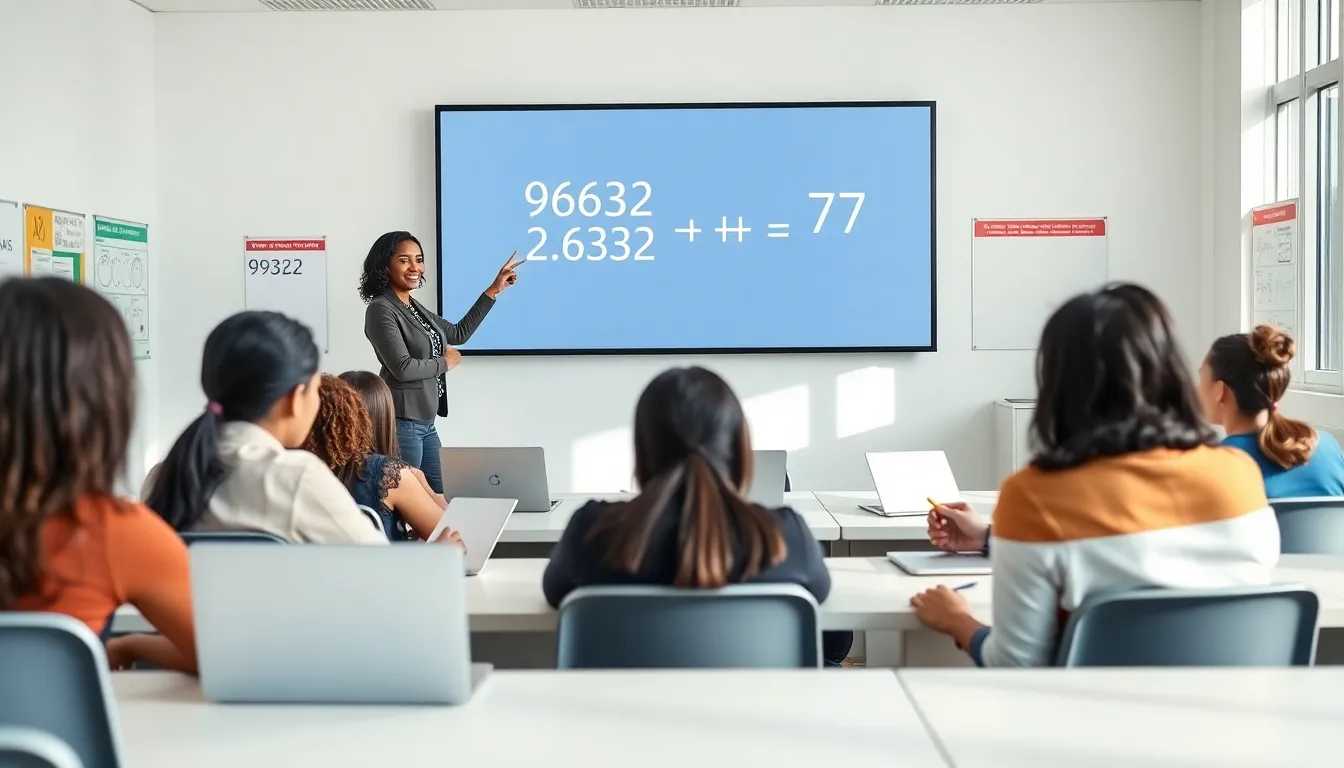teacher explaining multiplication in a modern classroom setting.