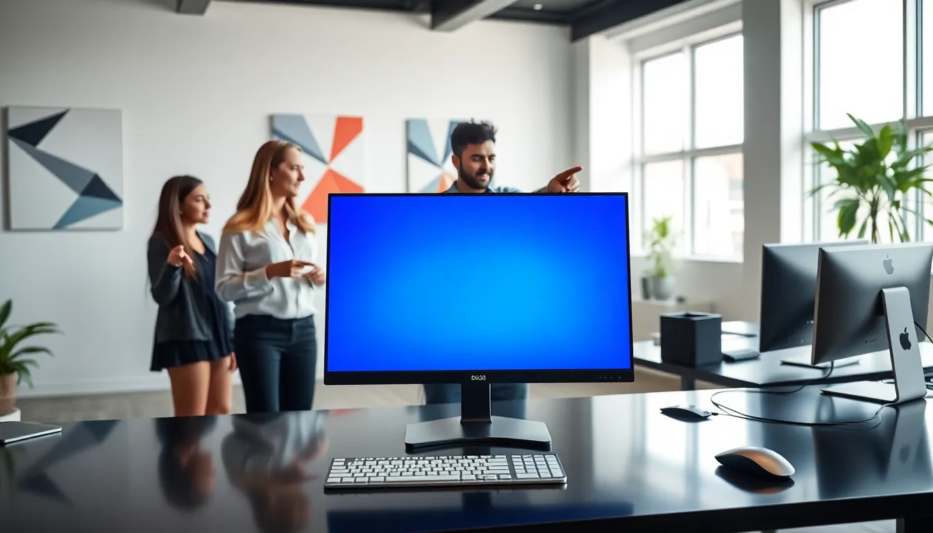 monitor displaying Blue Screen of Death in a professional office setting.