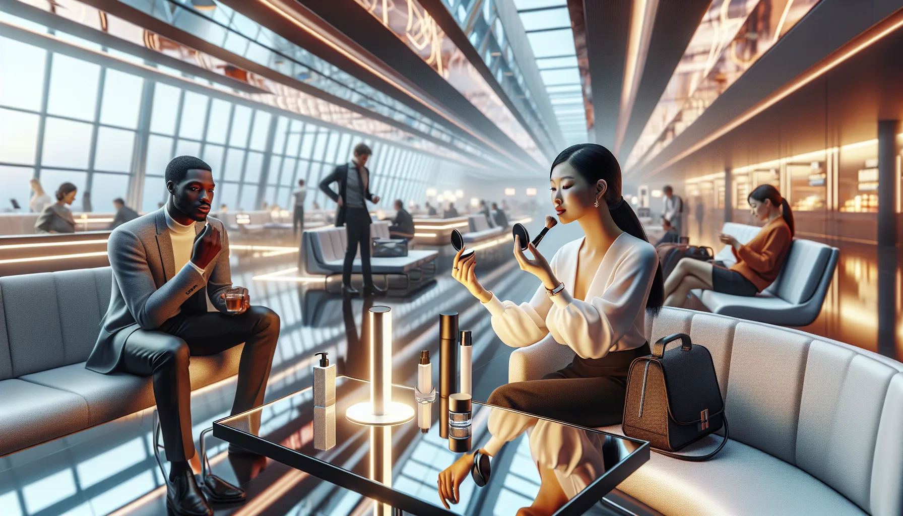 travelers using beauty tips in a modern airport lounge.