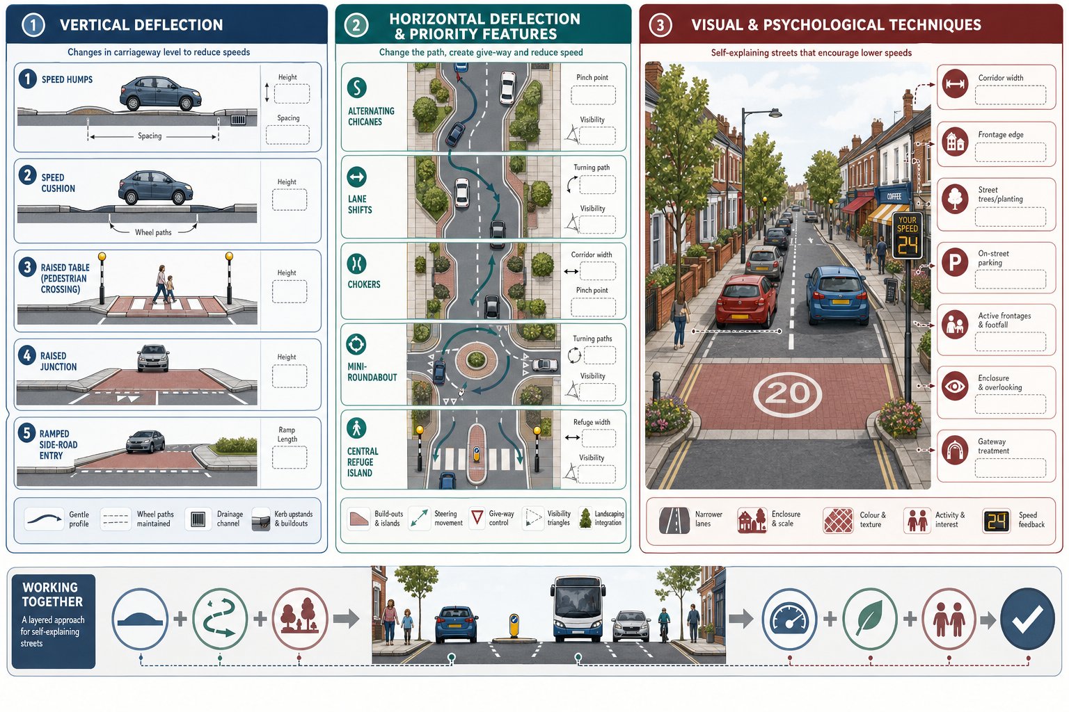 UK infographic of vertical, horizontal, and visual traffic calming measures.