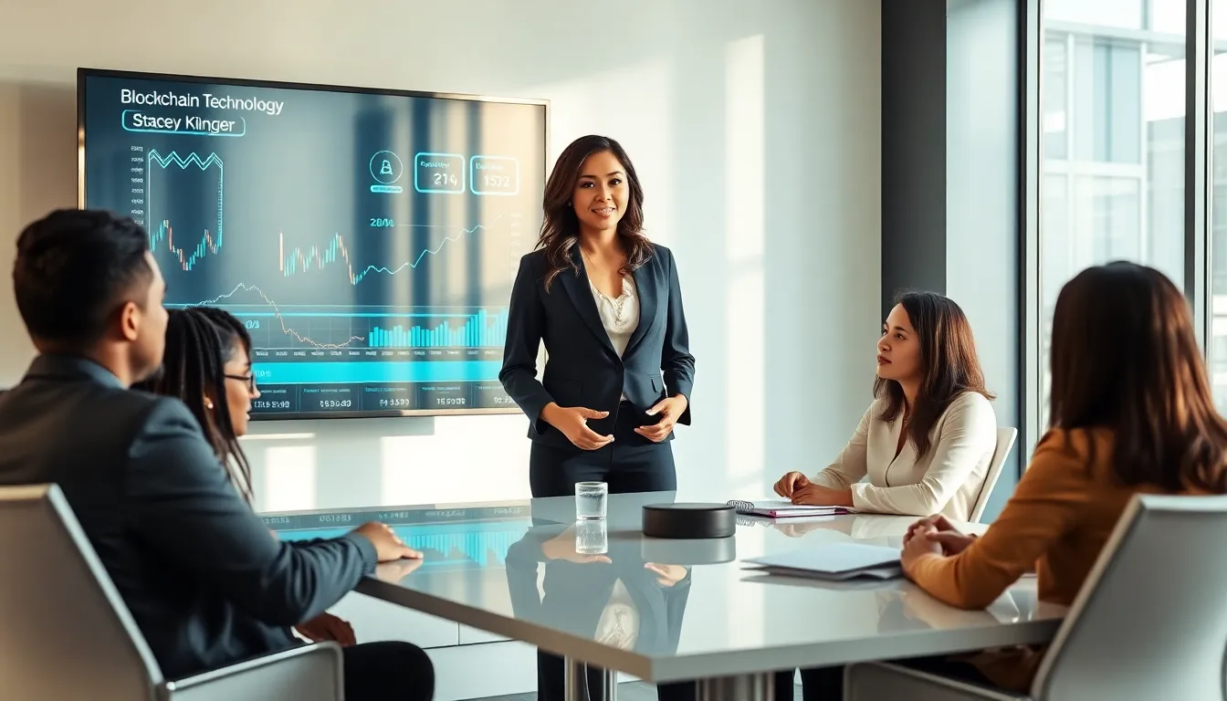 woman presenting blockchain concepts in a modern office setting.