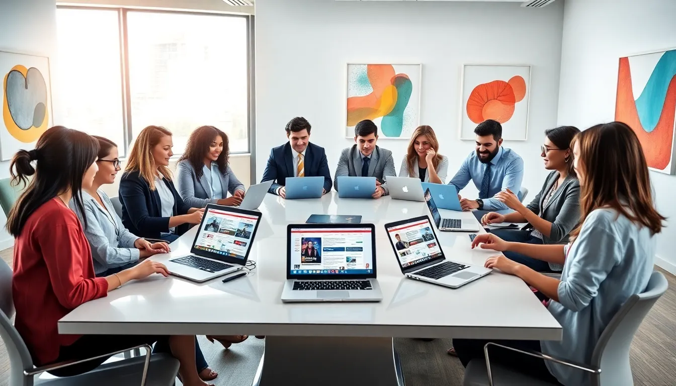 diverse content creators collaborating in a modern office setting.