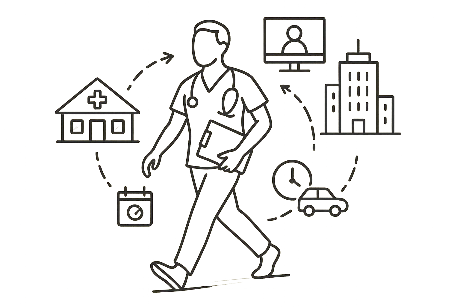 Physician assistant connecting to clinic, hospital and telehealth with schedule and travel icons.