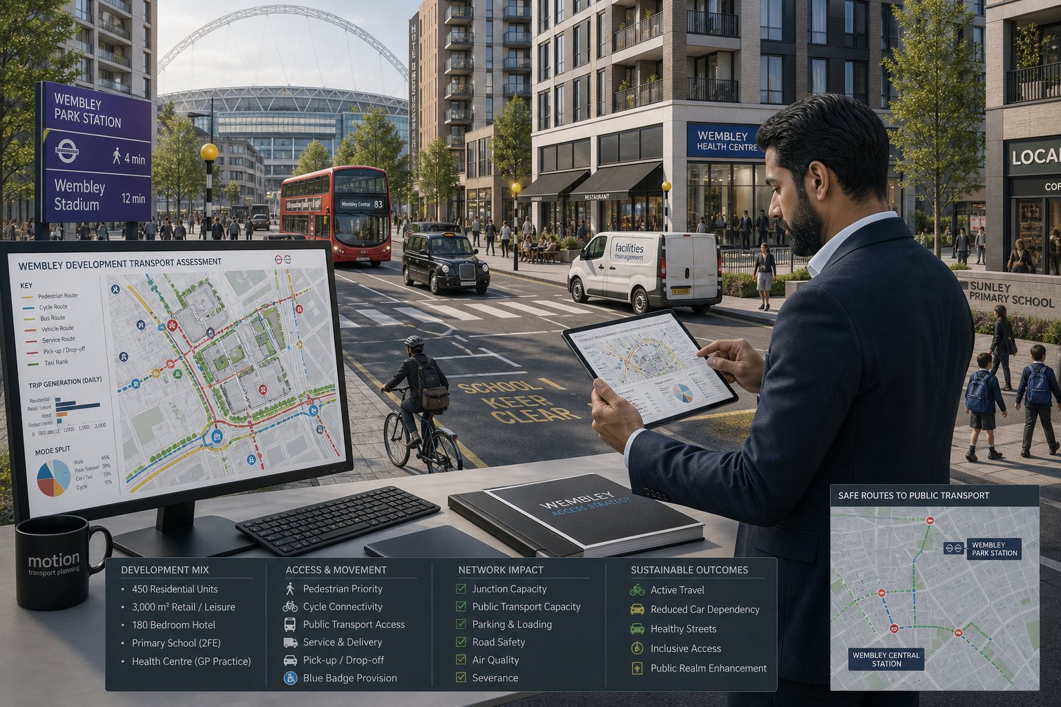 Traffic engineer reviewing Wembley development transport impacts in a modern urban setting.
