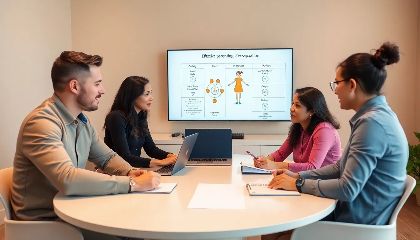 diverse parents discussing parenting arrangements in a modern setting.