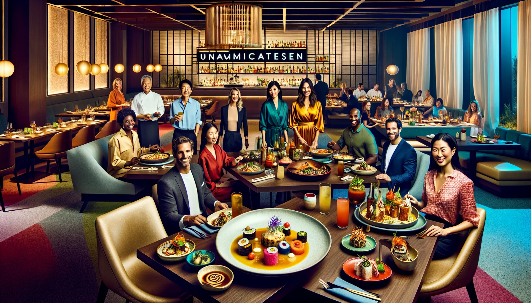 diverse group enjoying unique Unamicatessen dishes in a modern restaurant.