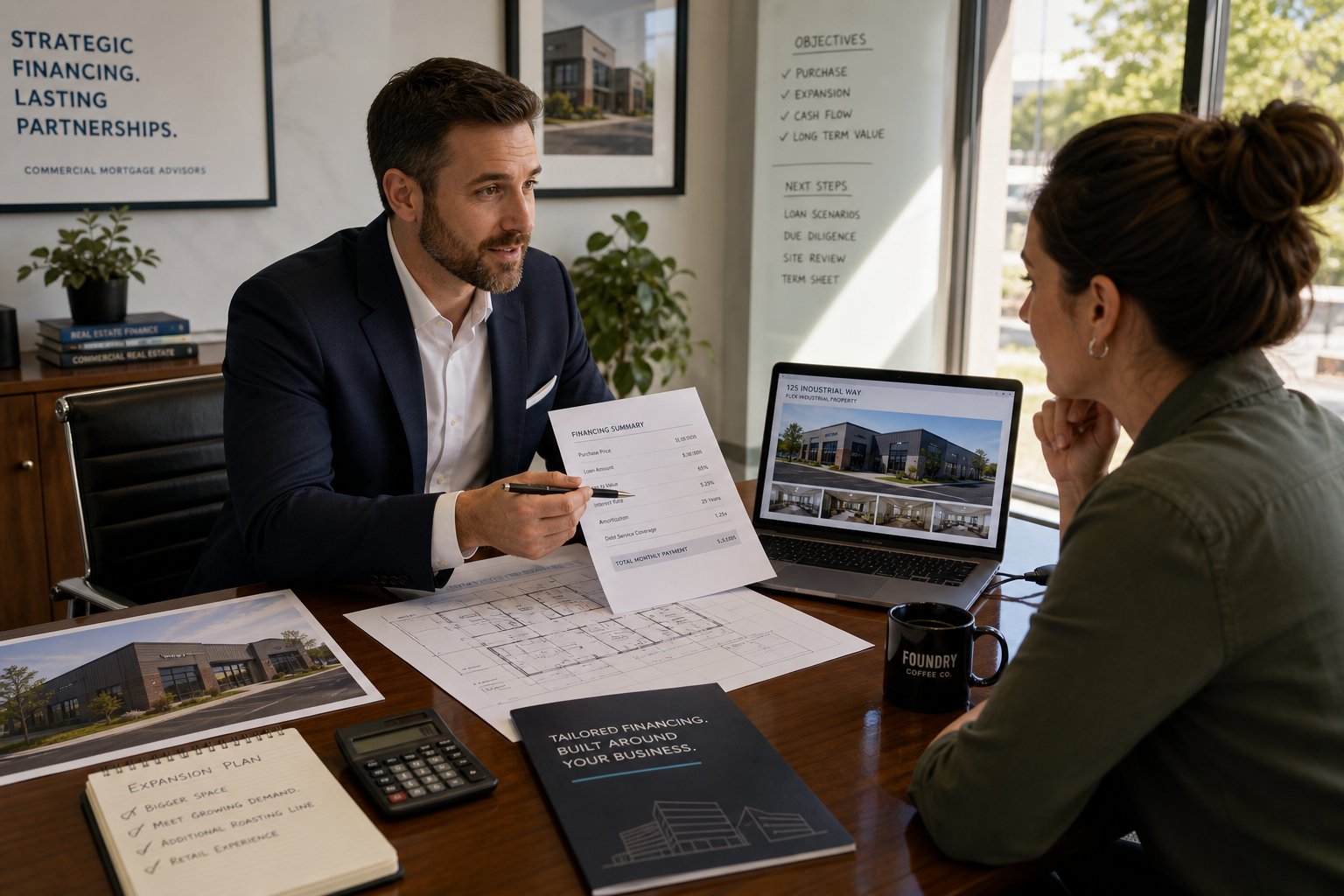 Commercial Mortgages In Haslingden 3 Advisor and business owner reviewing property plans and finance documents in a modern office.