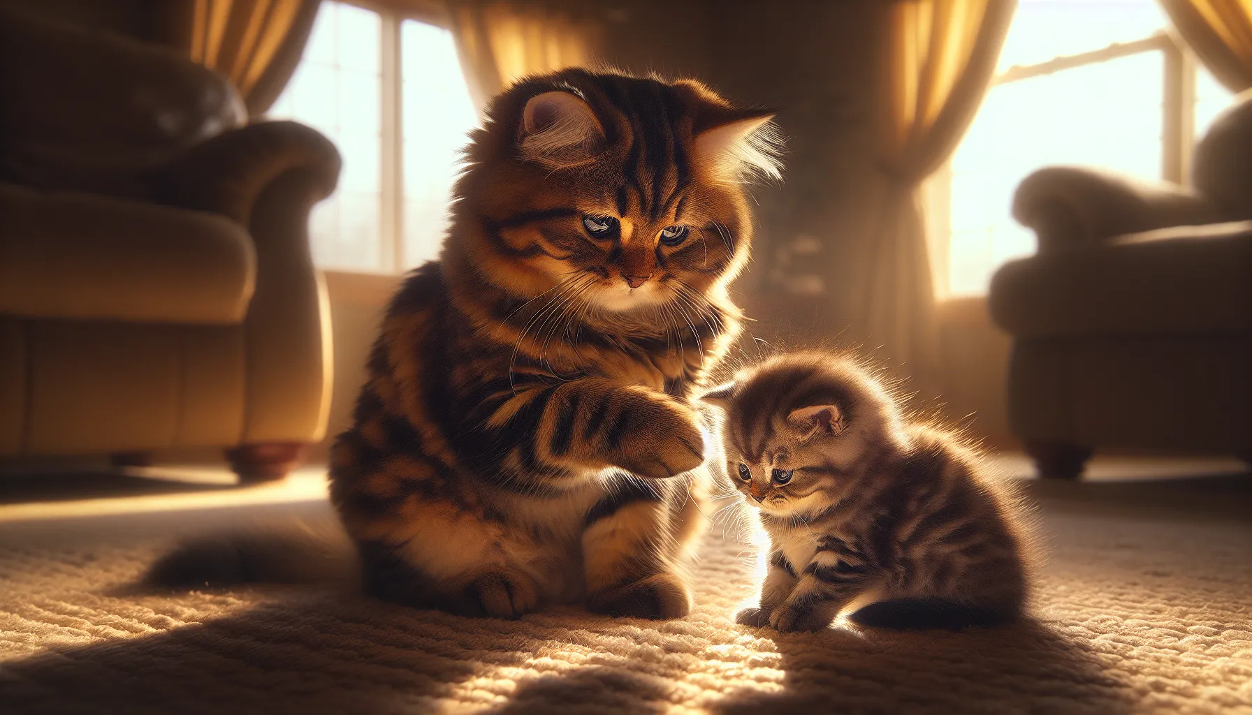 two playful kittens, a male tabby and a female gray, on a sunlit carpet.