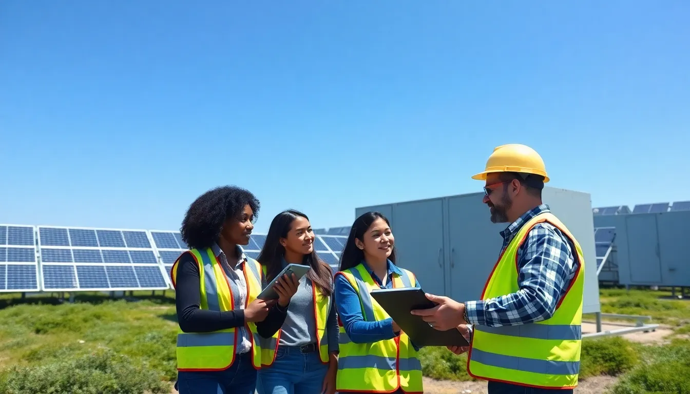 engineers discussing energy metrics at a modern renewable energy facility.