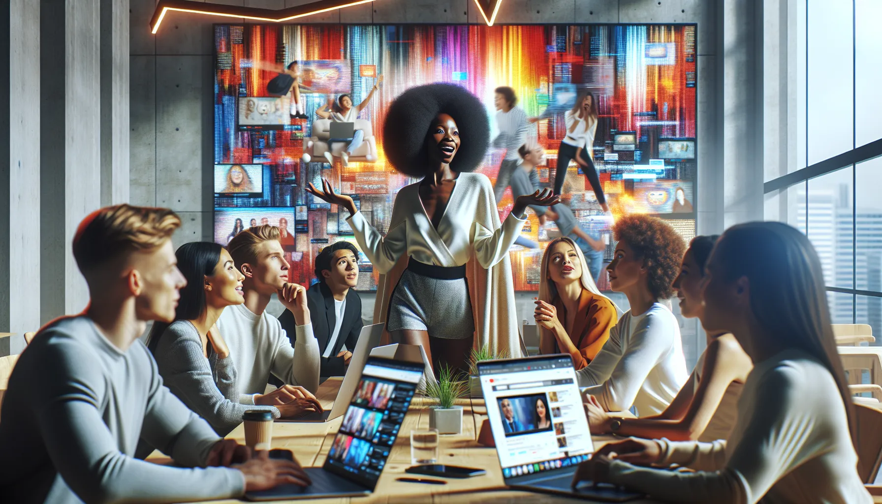 diverse team brainstorming in a lively, creative workspace.